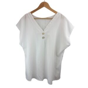 Cure White Textured V Neck Short Sleeve Button Accent Top Plus Size 1XL